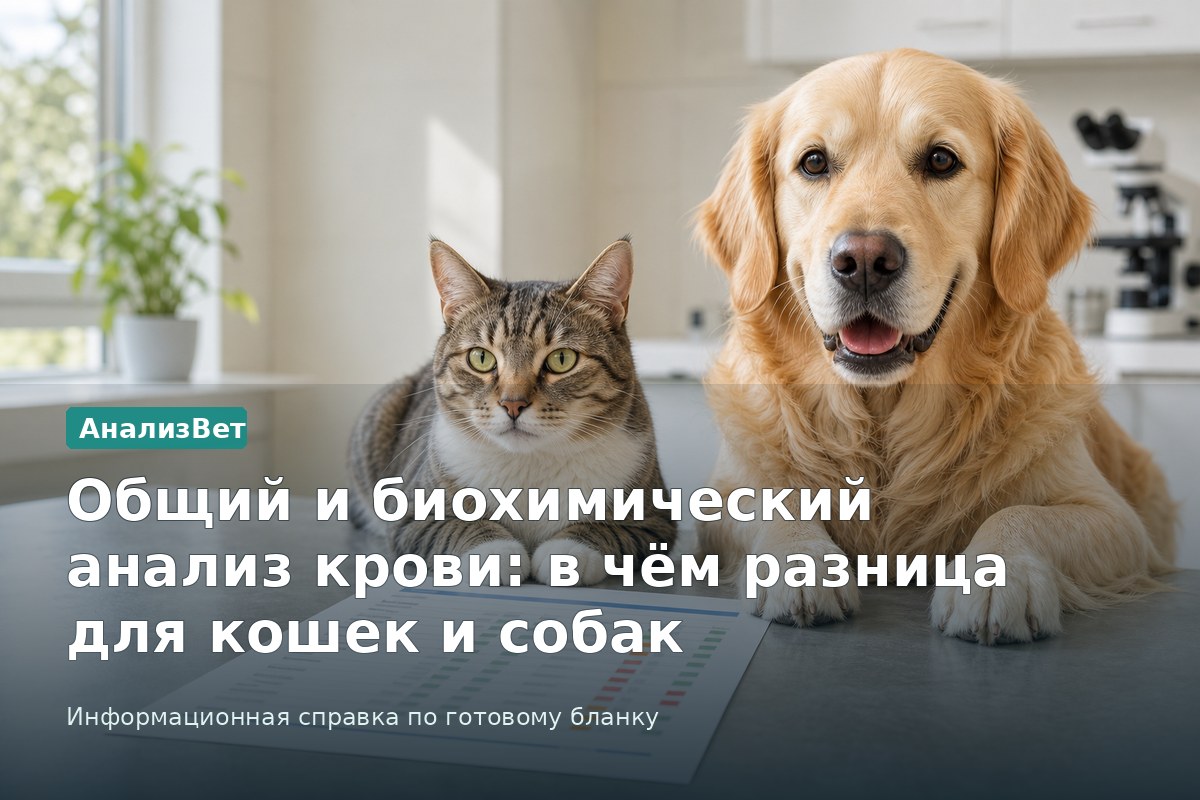 Инфографика АнализВет: Общий и биохимический анализ крови: в чём разница для кошек и собак